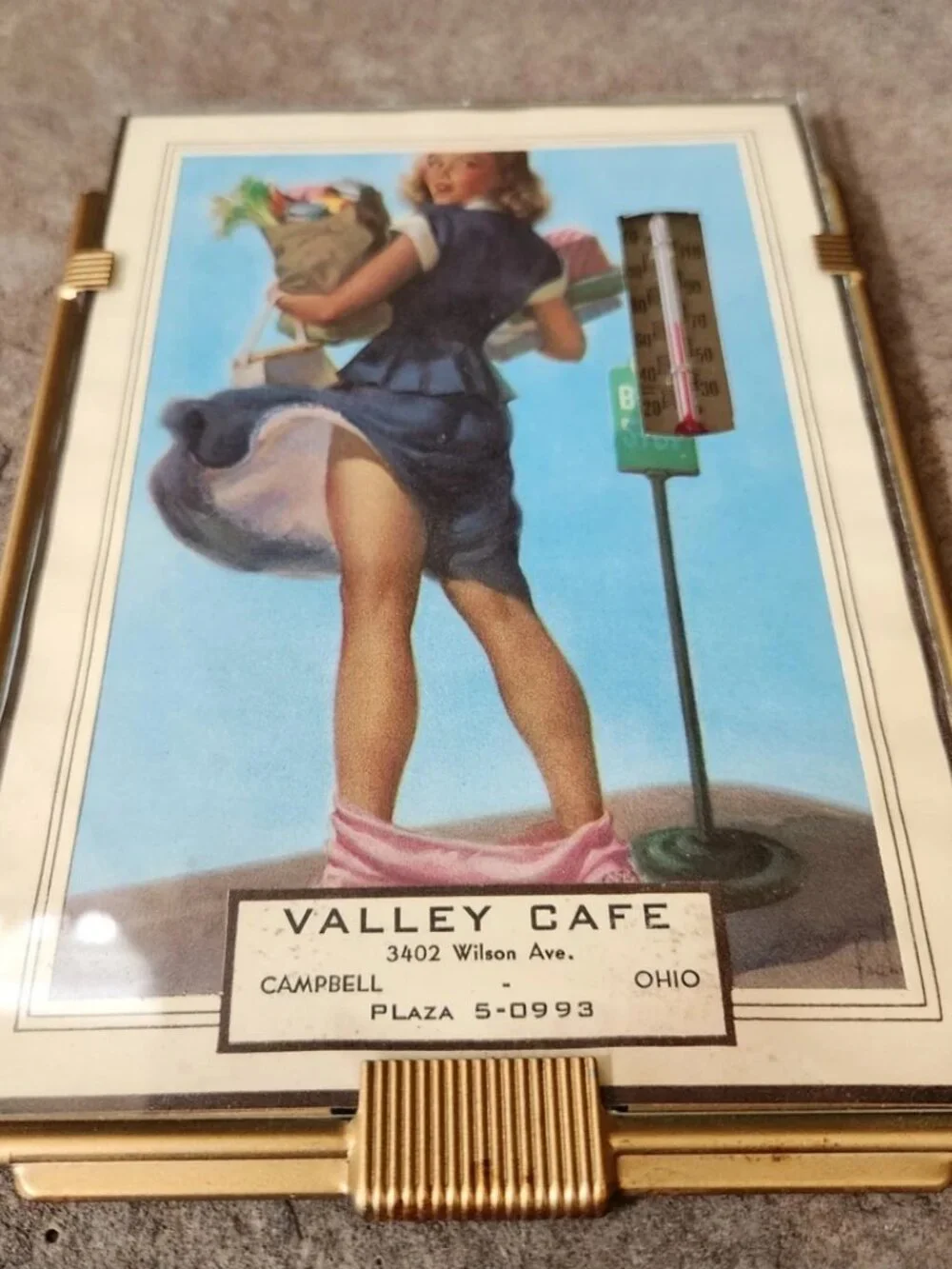 VTG 1955 Pin-Up Girl Calendar Thermometer Valley Cafe Campbell Ohio Peek-A-Boo